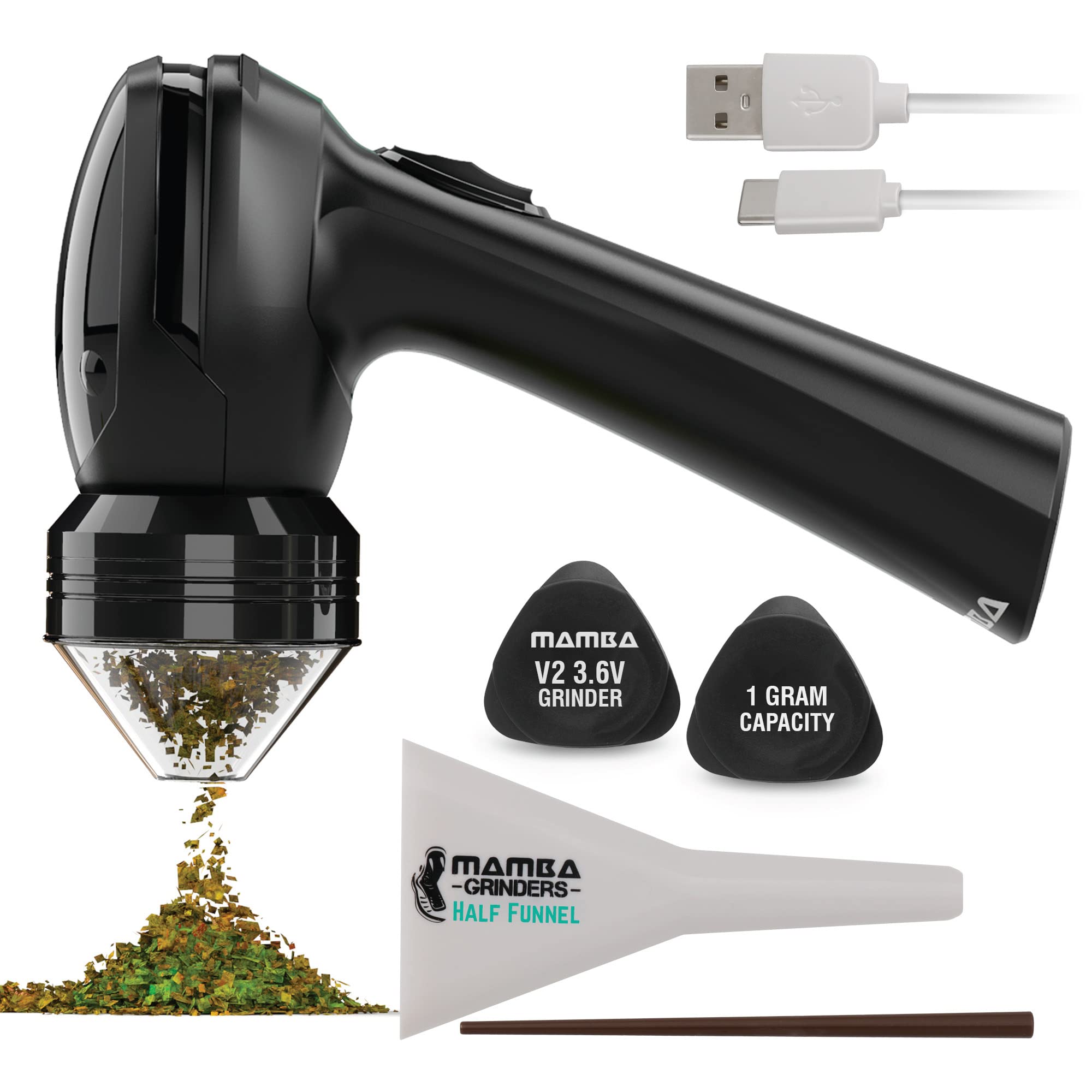 Mamba Electric Herb Grinder – USB Rechargeable Electric Grinder, Original 1g Black Metal, Small Portable Metal & Spice Mill for The Kitchen.