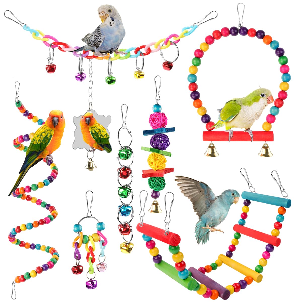 Pethee 8 Pack Budgie Toys Bird Toys Set Bird Swing Chew Toys Bells Hanging Mirror Climbing Ladders Wooden Chewing Toy for Parrot Conure Cockatiel Lovebird Parrotlet