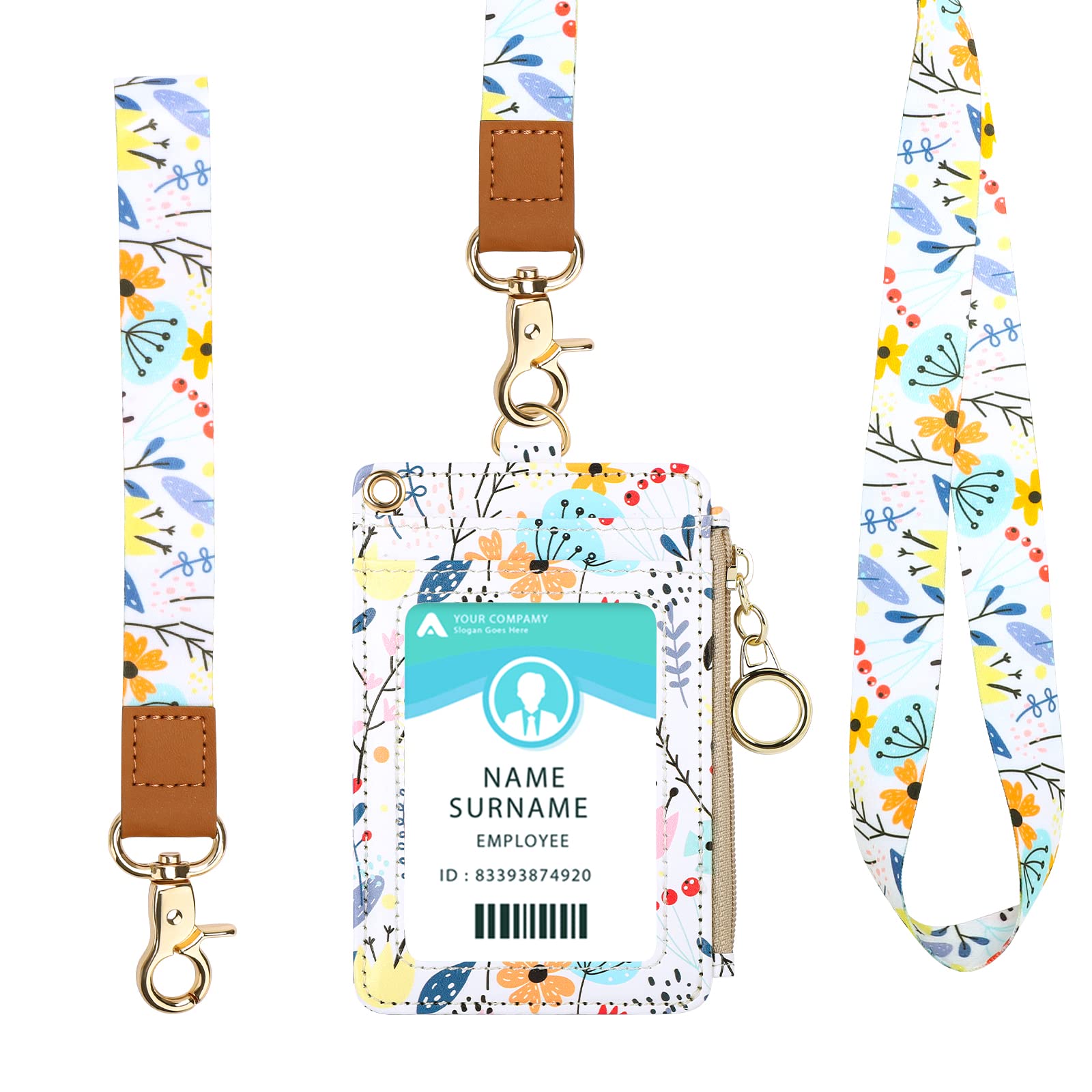 Badge Holder Neck Strap PU Leather Badge Holder with Zipper Pocket for ID Card, Student Card, Bus Card (White)