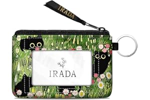 IRADA ID Case Wallet Keychain with Clear ID Window Zipper Cute Coin Purse for Women Water Resistant Small Coin Pouch-Black Cat Floral Keychain Wallet
