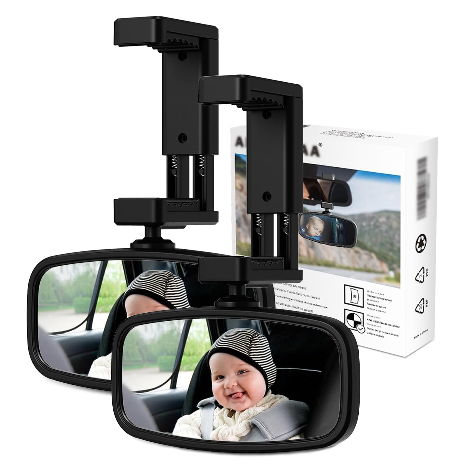 Baby Rear View Mirror, Children's Mirror with Spring-Loaded Clips, Glass Mirror, 360° Rotatable, for Child Seats in Most Cars (129 x 65.8 mm) (2 Black)