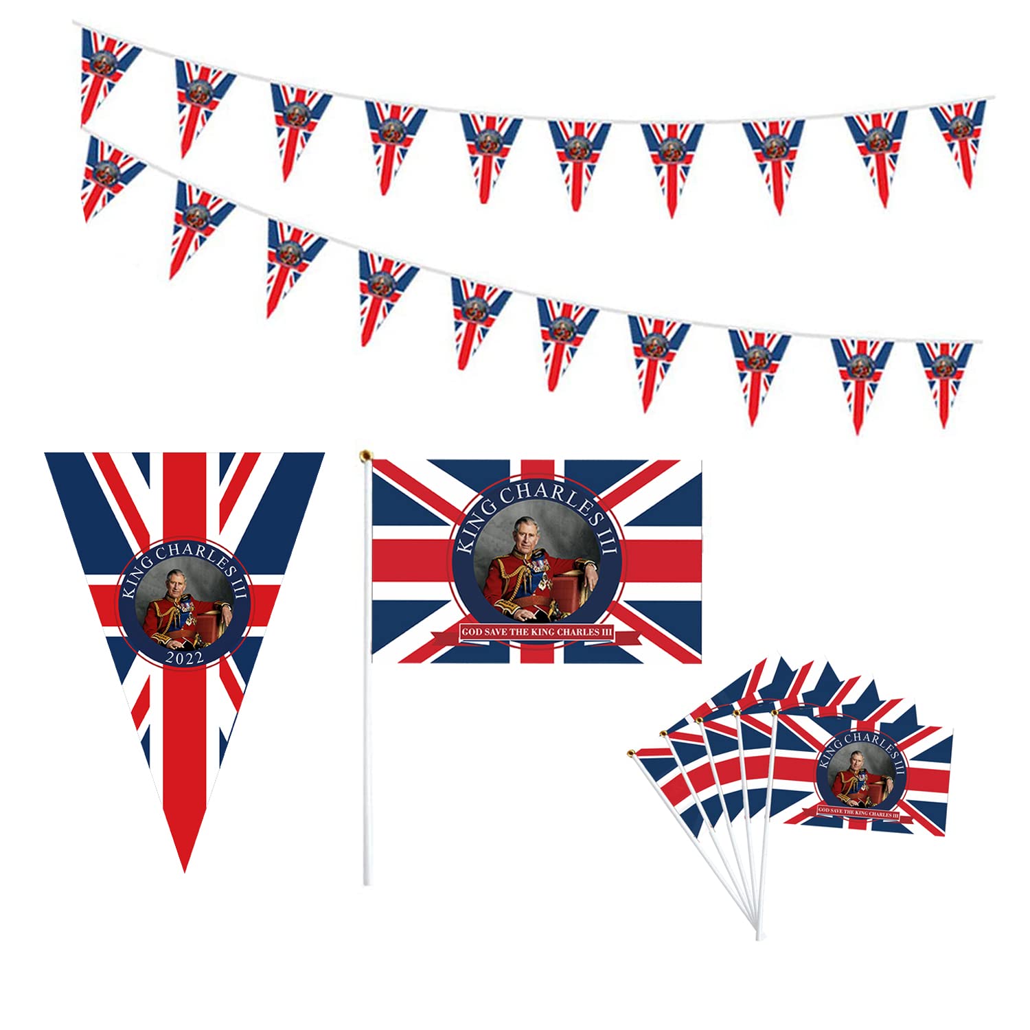 WJYTLON Kings Coronation Decorations, King Charles Decorations Include Bunting for Charles/King III Hand Flags, Flags 2023, Blue, Red, White