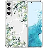 RALEAVO for Samsung Galaxy S22 Case Compatible with MagSafe Clear Floral Cover with Green Leaves Pattern for Girls Women Slim Cute Hard Back Shockproof for S22 5G Phone Case,Transparent