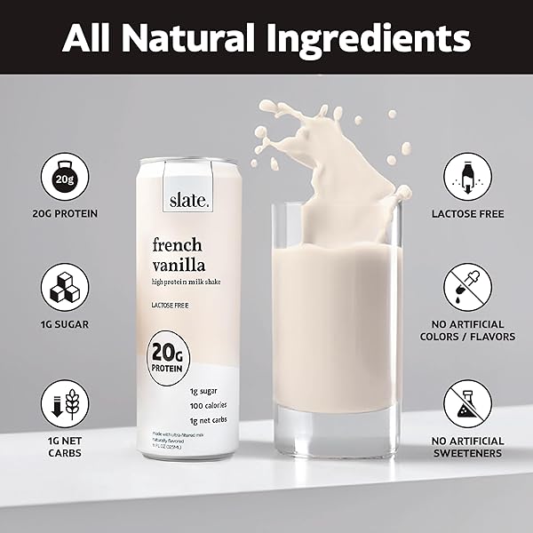SLATE MILK – HIGH PROTEIN MILK SHAKE – FRENCH VANILLA – LACTOSE FREE, 20G PROTEIN, 1G SUGAR, 100 CALORIES, 1G NET CARBS, NO ADDED SUGAR – NATURAL, BREAKFAST BOOST, POST WORKOUT – 11 FL OZ, 12 CANS