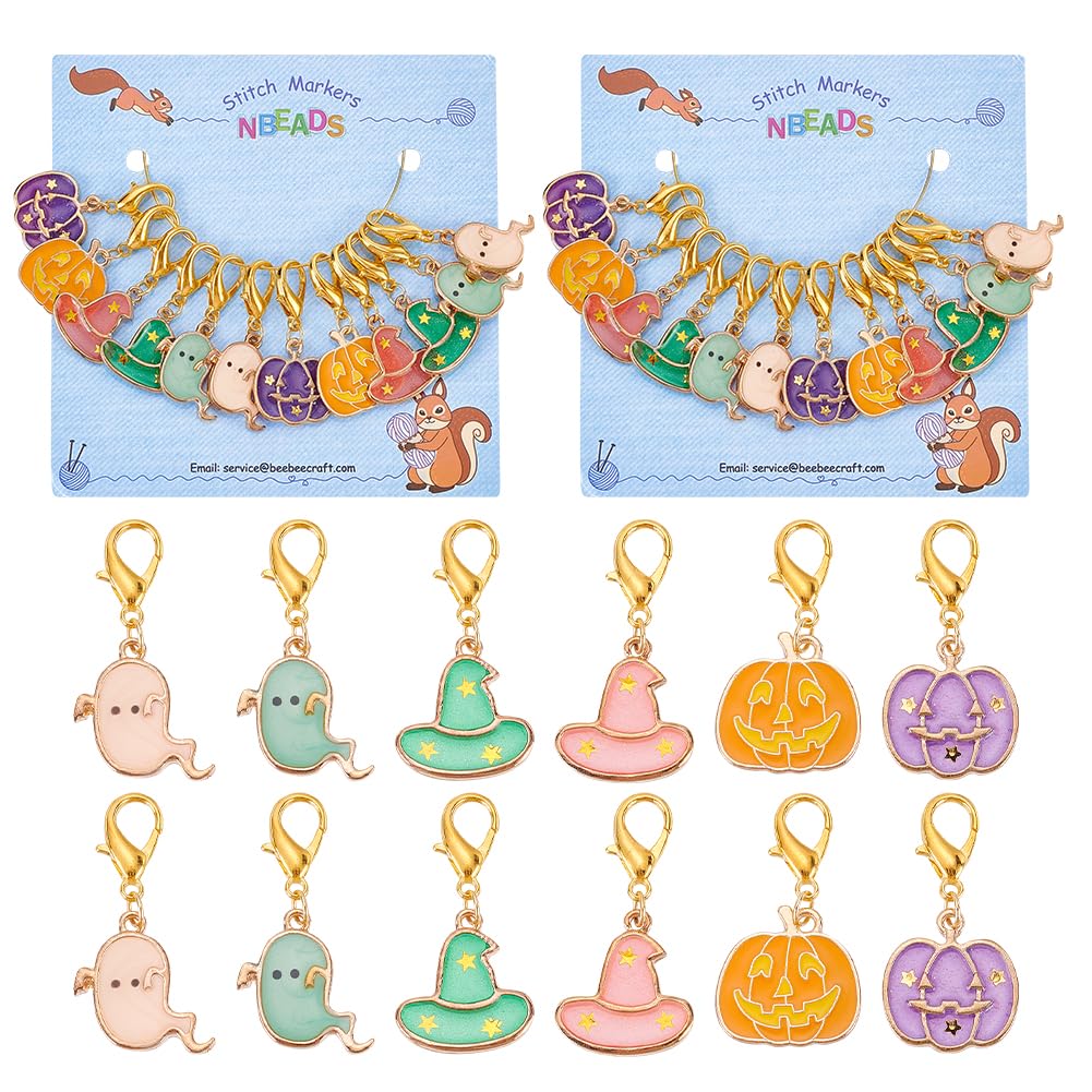 NBEADS 24 Pcs Halloween Theme Stitch Markers, Enamel Ghost/Witch Hat/Pumpkin Charms Removable Dangle Locking Stitch Marker for Knitting Weaving Sewing Accessories Quilting Handmade Jewelry