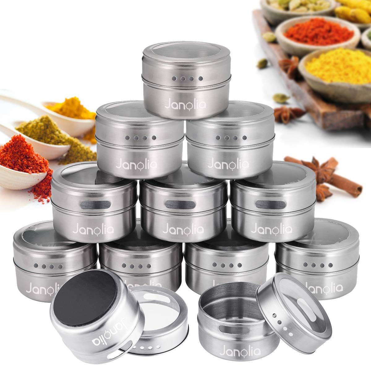 Janolia Magnetic Spice Tins, 12 PCS, Round Spice Containers, Spice Storage Boxes, Clear Top, Swift Pour, Magnetically Stick on Refrigerator, Magnetic Spice Jars for Kitchen, Restaurant, Hotel, Canteen