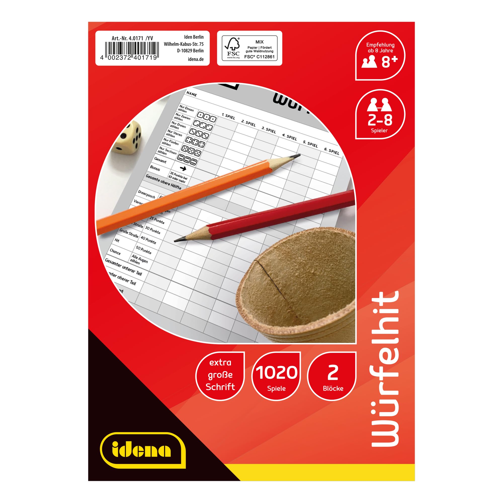 Idena 40171 – Dice Hit, 2 Game Blocks for 1020 Games, Large Font, Size Approx. 15 x 21 cm, FSC Mix, Popular Classic Game for Home, Garden and Travel