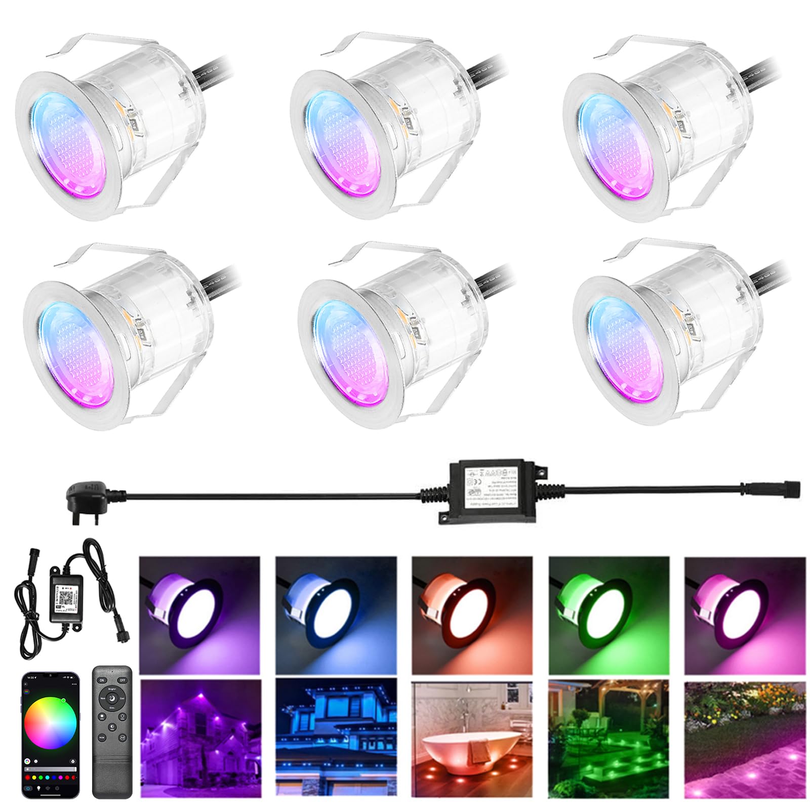 INDARUN RGB WiFi Led Decking Lights Waterproof IP67 Ø30MM - Led Plinth Lights for Terrace/Patio/Path/Wall/Garden/Decoration, 6 Packs