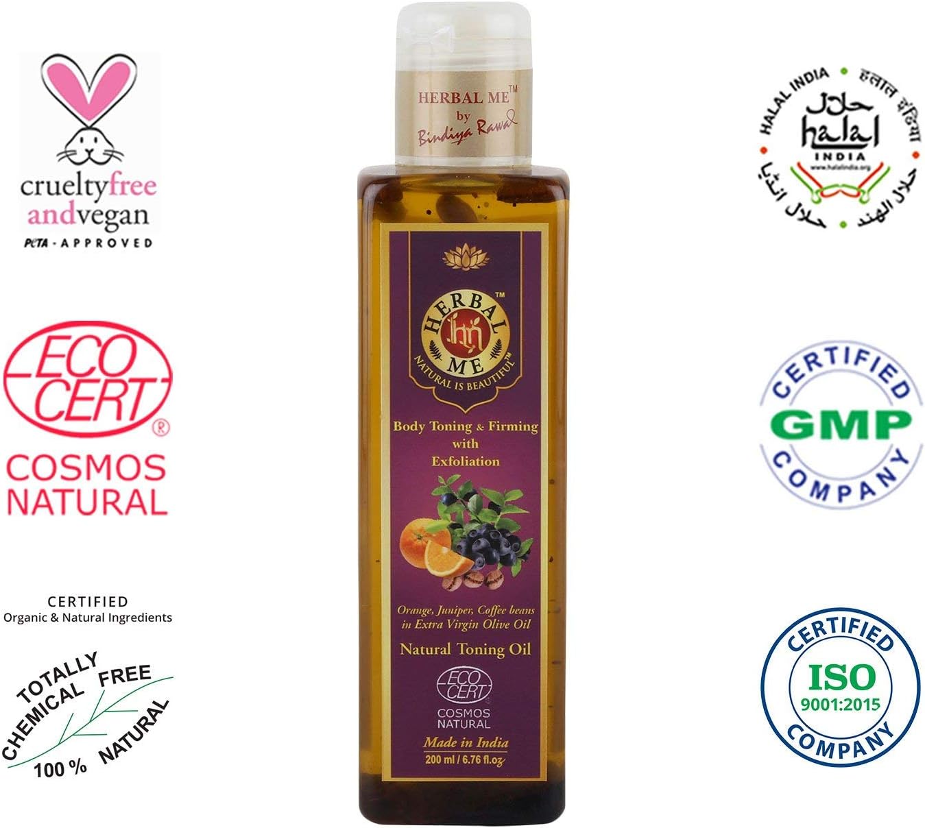 Herbal Me BodyToning Oil, CERTIFIED 100% Natural by Ecocert (France), 6.76 fl oz, Body Toning and Firming with Exfoliation