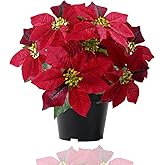 MELAJIA Poinsettia Artificial Red Christmas Flowers 14Inch Faux Poinsettia Plant Winter Flowers for Indoor Outdoor Xmas Ornament Porch Home Garden Decorations