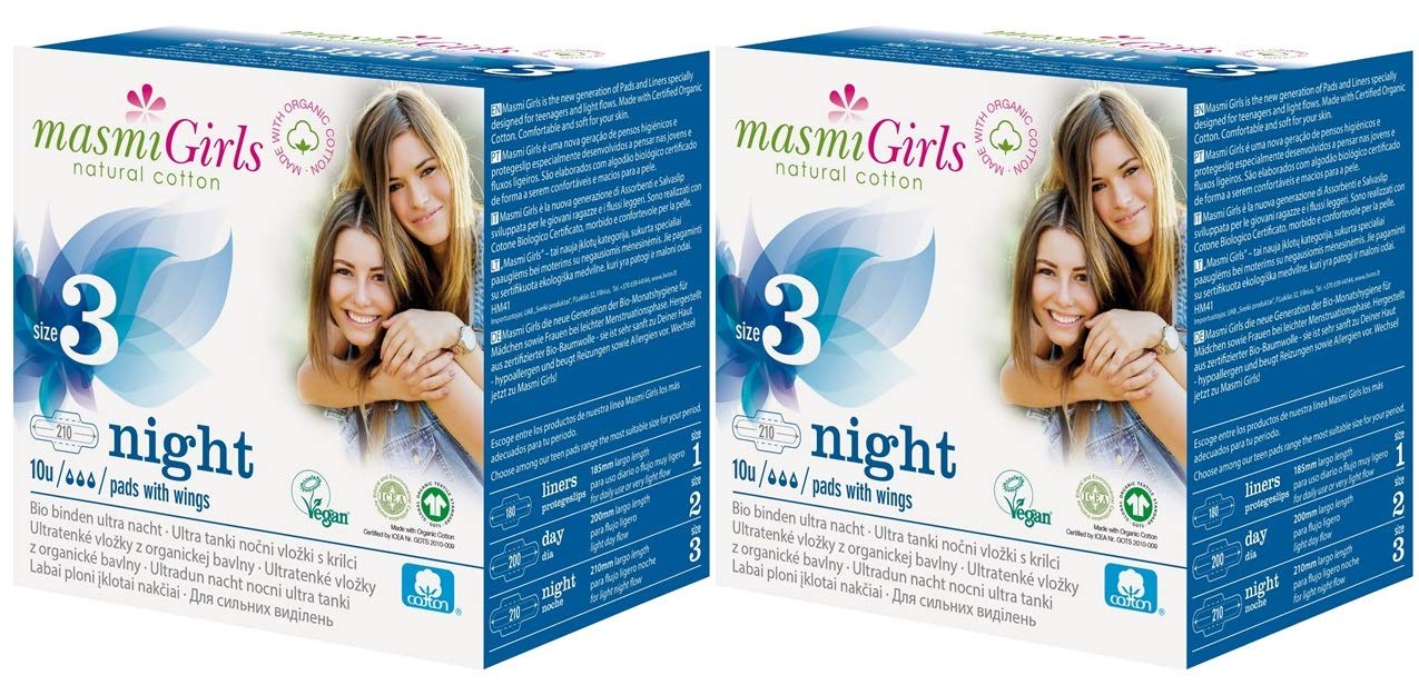 2 x 10 Organic Teen First Period Night Pads with Wings, Biodegradable, Individually Wrapped. Masmi