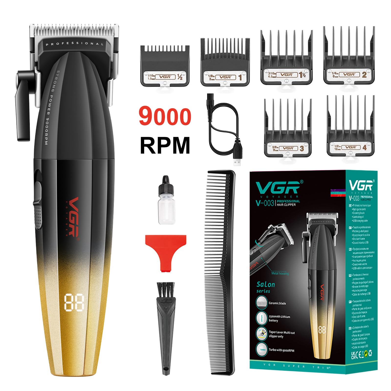 VGR Fresh Fade Hair Clipper, Professional Trimmer, Cord/Cordless Rechargeable Hair Cutting Tools with LED Diplay