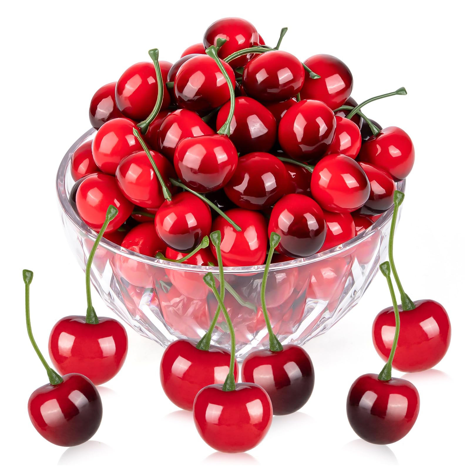 Photo 1 of 180Pcs Fake Mini Cherries, Artificial Faux Cherries Red and Red Black Cherry Decor, Fake Fruit Decor Simulation Cherry Model for Party Fruit Bowl Home Kitchen Photography Props