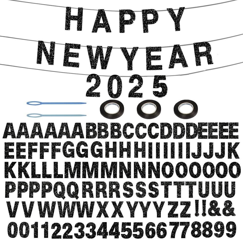 Photo 1 of 116 Pcs DIY Glitter Custom Banner Kit - Custom Banner Including 111 Letters and Numbers, 3 Rope and 2 Threading Devices for Personalized Decor for Halloween Party, Birthday (Black)