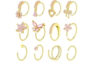 BSJ4U Hoop Nose Rings for Women Nose Piercings 20G Stainless Steel Nose Rings Hoops Heart Butterfly Flower Bow Teardrop Double Nose Hoops Gold Plated Silver Pink Clear CZ Nose Piercing Jewelry