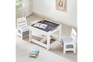 CuFun Kids Table and Chairs Set, 4 in 1 Wooden Kids Table with Reversible Tabletop, Children Activity Table with Removable Tabletop Storage, Toddler Table and Chair Set for Home, Nursery, Playroom