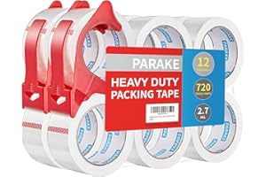 PARAKE 12 Rolls Clear Packing Tape with Dispenser, 1.88In x 60 Yards Heavy Duty Packaging Tape Refills for Shipping Packaging Mailing Moving, 2.7mil Thick, 720 Total Yards