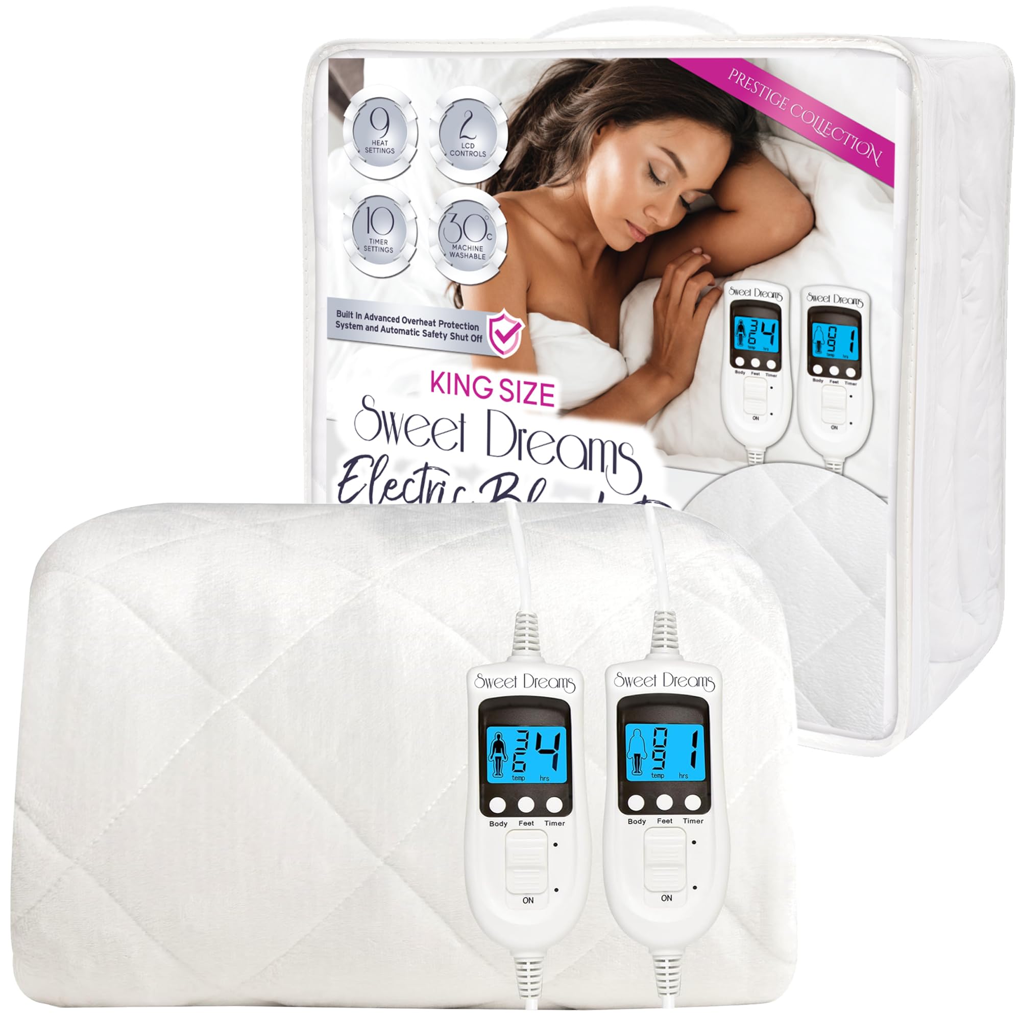 Sweet Dreams Electric Blanket King Bed Size 203 x 152 x 40cm, Plush Fleece Quilted, Fitted, Washable, Heated Mattress Cover Underblanket, Dual Control, Prestige (King)