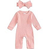 Winioder Newborn Baby Girl Fall Clothes Ribbed Long Sleeve Romper Jumpsuit with Headband Infant 2Pcs Coming Home Outfit