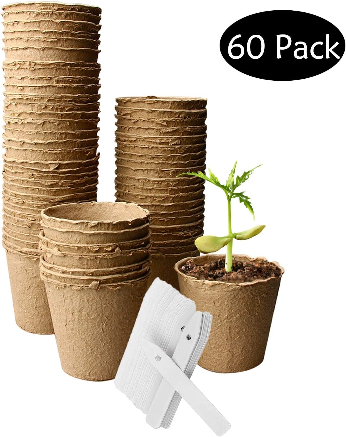 60 Pack Peat Pots 3 x 3 Inch, OAMCEG Seed Starter Pots/Plant Starters Nursery Pots, Seed Germination Kit - Organic Biodegradable Pots 100% Eco-Friendly Enhance Aeration, Bonus 60 Plastic Plant Markers