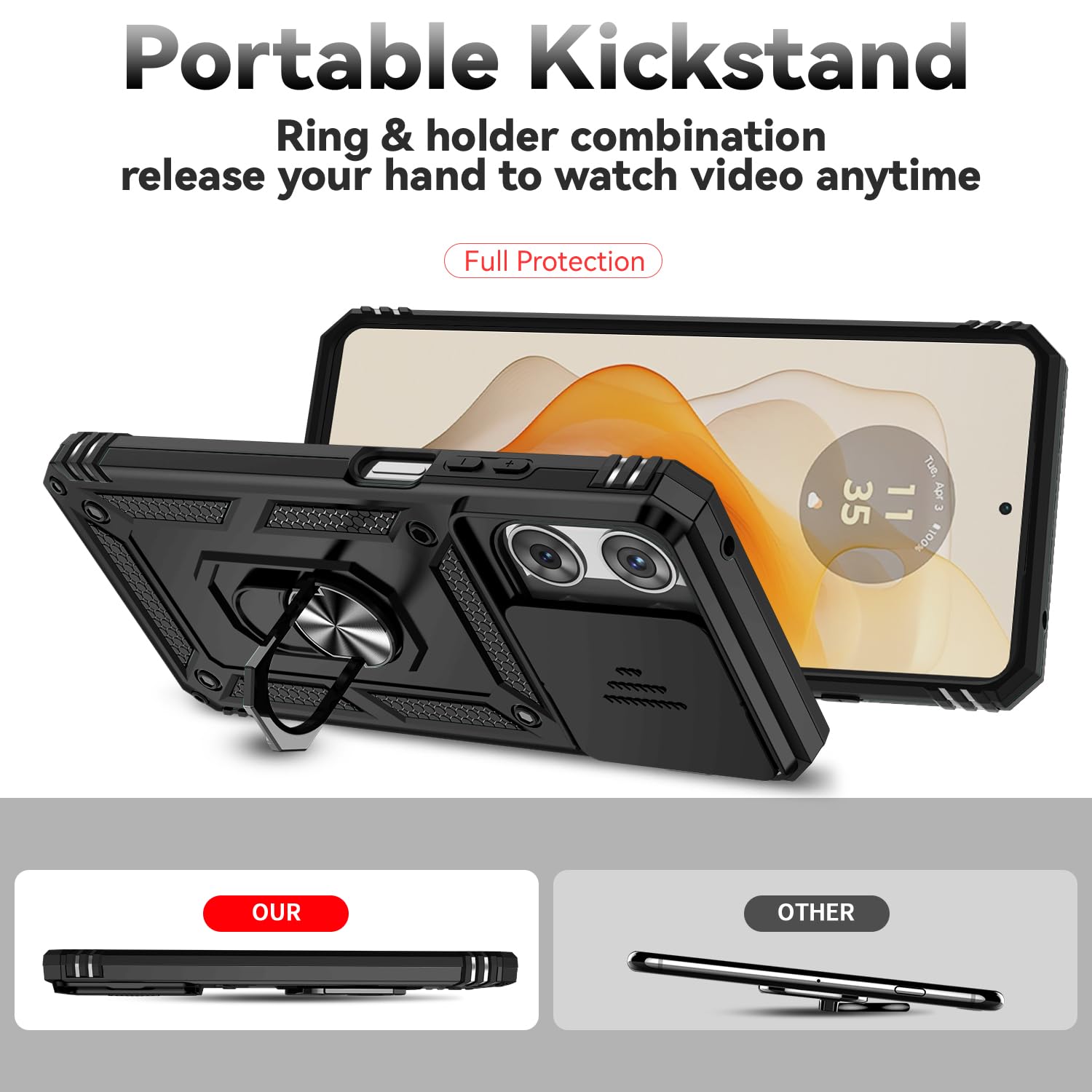 for Motorola Moto G 2025 Case, with Slide Camera Cover HD Screen Protector [Military Grade 16ft. Drop Tested] Magnetic Ring Holder Kickstand Protective Phone Case for Motorola Moto G 2025, Black