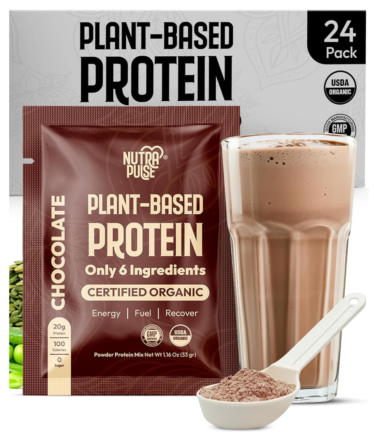Photo 1 of **** BB 1/30/2026 **** NUTRAPULSE Organic Vegan Protein Powder Sample Pack – Chocolate Flavor – Plant-Based, Gluten-Free, Non-GMO, Dairy-Free – 20g Protein Per Serving – Ideal for Smoothies & Shakes – 24 Count