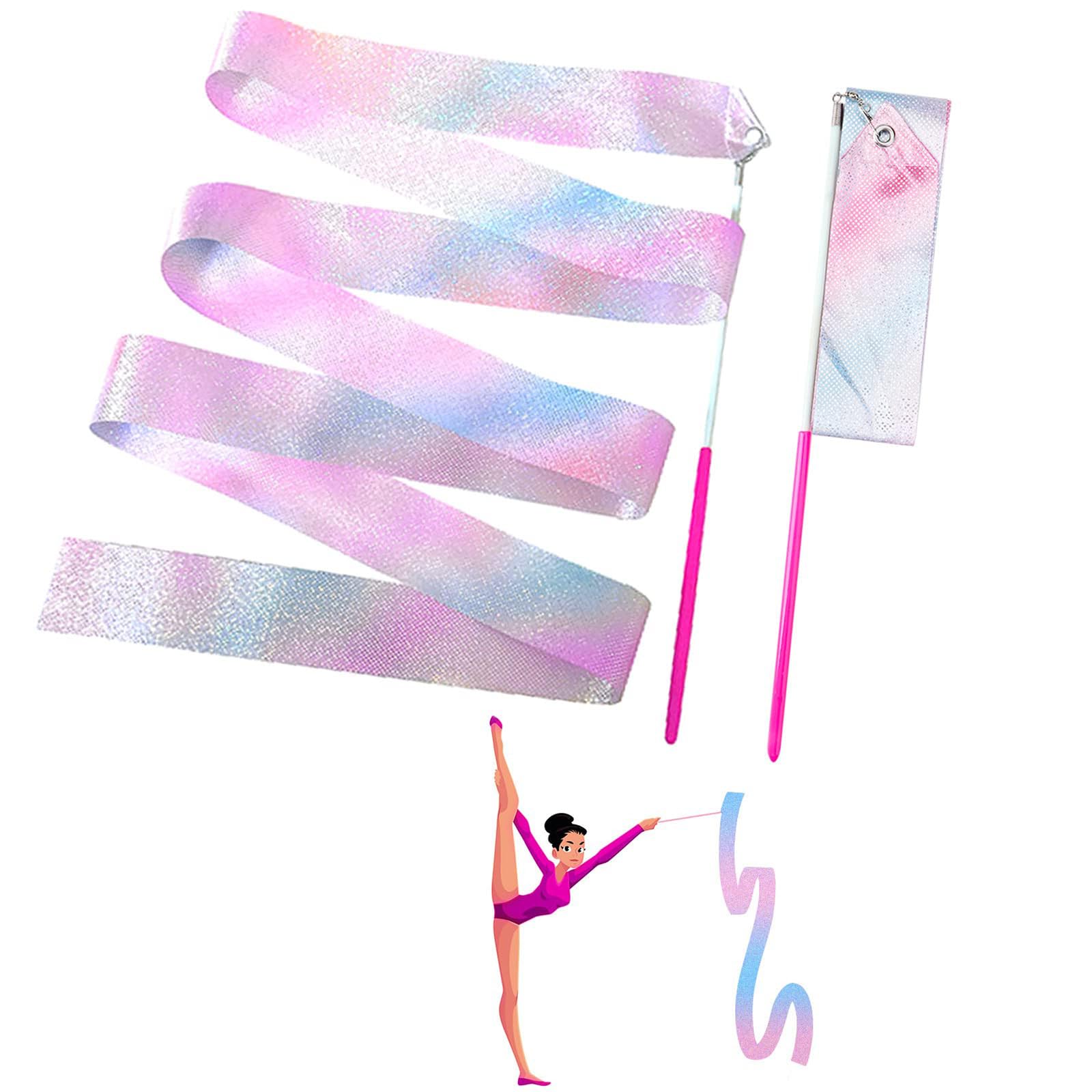 2 Packs Flashing Dance Ribbons with Pink Wand, Colorful Gymnastics Ribbons for Children Kids Dancing Streamers Dancer Wand Rhythmic (2 Meter/78.74inch)