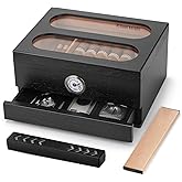 COOL KNIGHT Cigar Humidor with Front Hygrometer, Humidifier and Accessory Drawers-Tempered Glass Top Cigar Humidor Box - Spanish Cedar Humidor-Desktop Humidor That can Hold 20-35 Cigars.(Black)