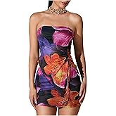 WDIRARA Women's 2 Piece Outfits Floral Print Drawstring Asymmetrical Tube Top and Bodycon Mini Skirt Set
