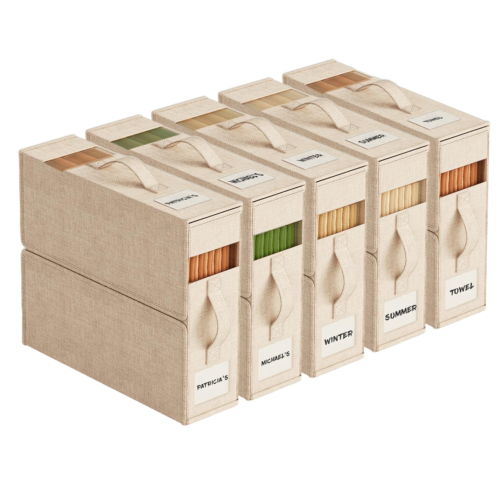 Photo 1 of ActCosy 5Pack Sheet Organizers and Storage with Handles – Foldable Linen Closet Storage for King & Queen Sheet Sets – Clear Window & Removable Labels – Dustproof & Space-Saving Design, Beige