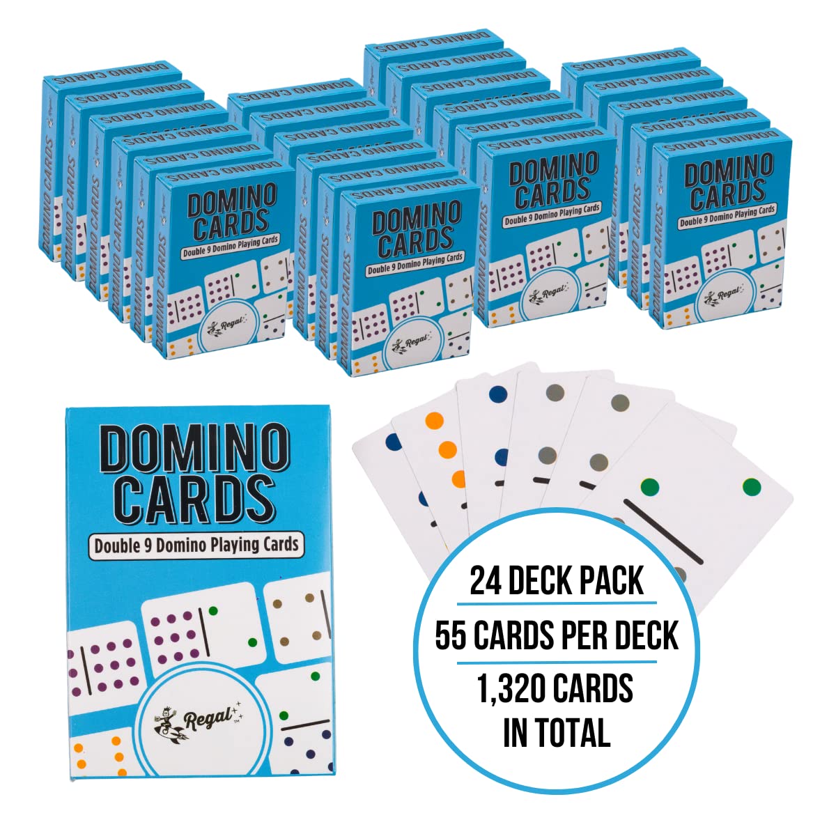 Regal Games - Double 9 Domino Playing Cards - Colored Dots Set - Family-Friendly Domino Card Game - 2-8 Players - Ages 8+ - 55 Cards Per Deck, 24 Deck Pack - 3.5” x 2.5” - Perfect for Bulk Buying