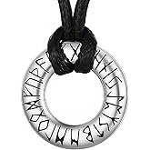 Chiorgone Viking Rune Necklace for Men, Stainless Steel Ring Pendant on an Adjustable Cord, Norse Amulet for Protection (Silver)