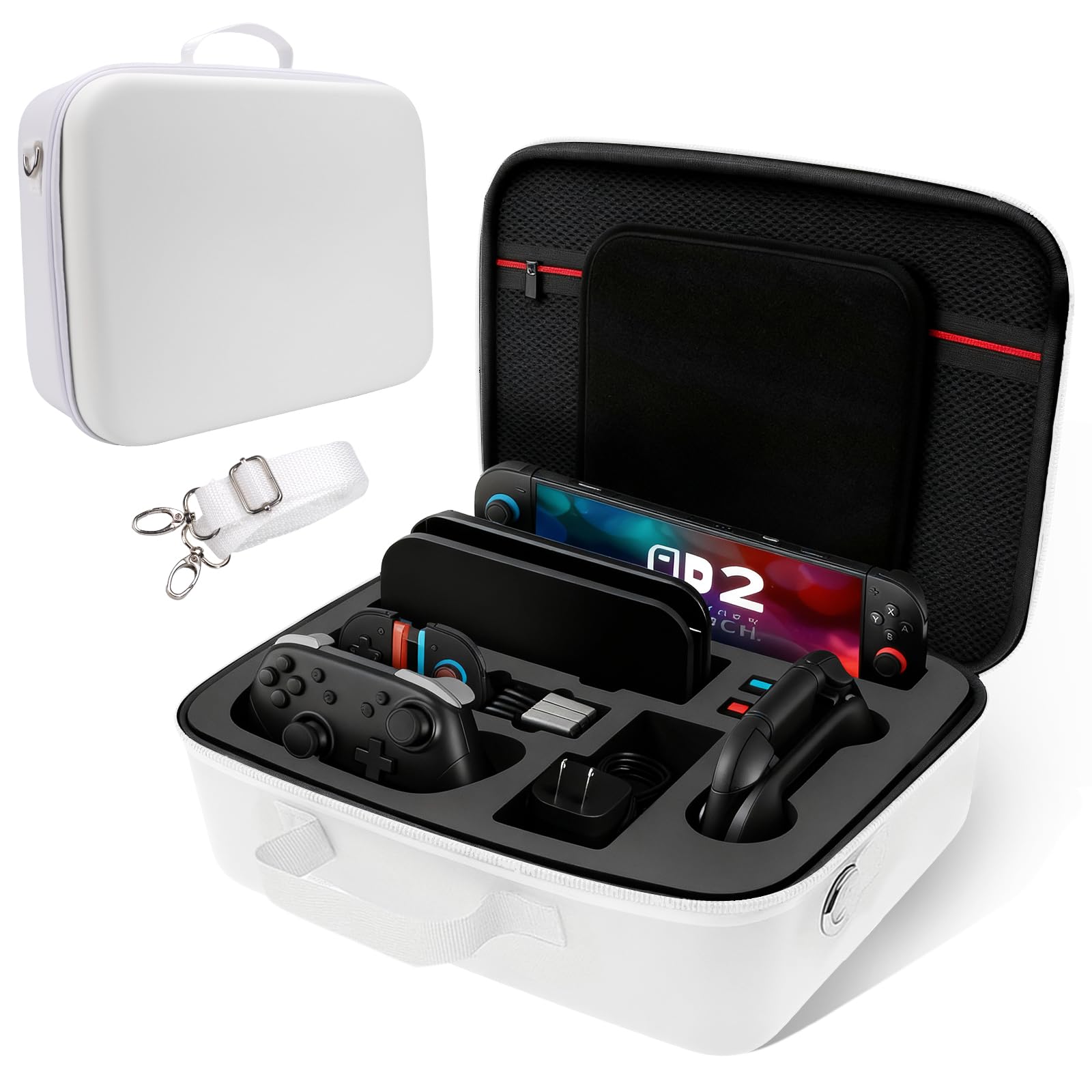 FIWWAT Carrying Case Nintendo Switch 2, All-in-One Protective Hard Case for Switch 2 Console, Dock, Pro Controller and Accessories,21 Game Card Slots, Large Travel Storage Organizer Bag, White
