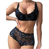 BEAUDRM Women's 2 Piece Lace Lingerie Sets Front Closure Push Up Wireless Bra Sheer Panty Sexy Matching Bra and Panty Set