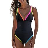 popvil Women's One Piece 2025 Tummy Control Swimsuits Neon Color Block Swimwear Deep V Neck Slimming Bathing Suit