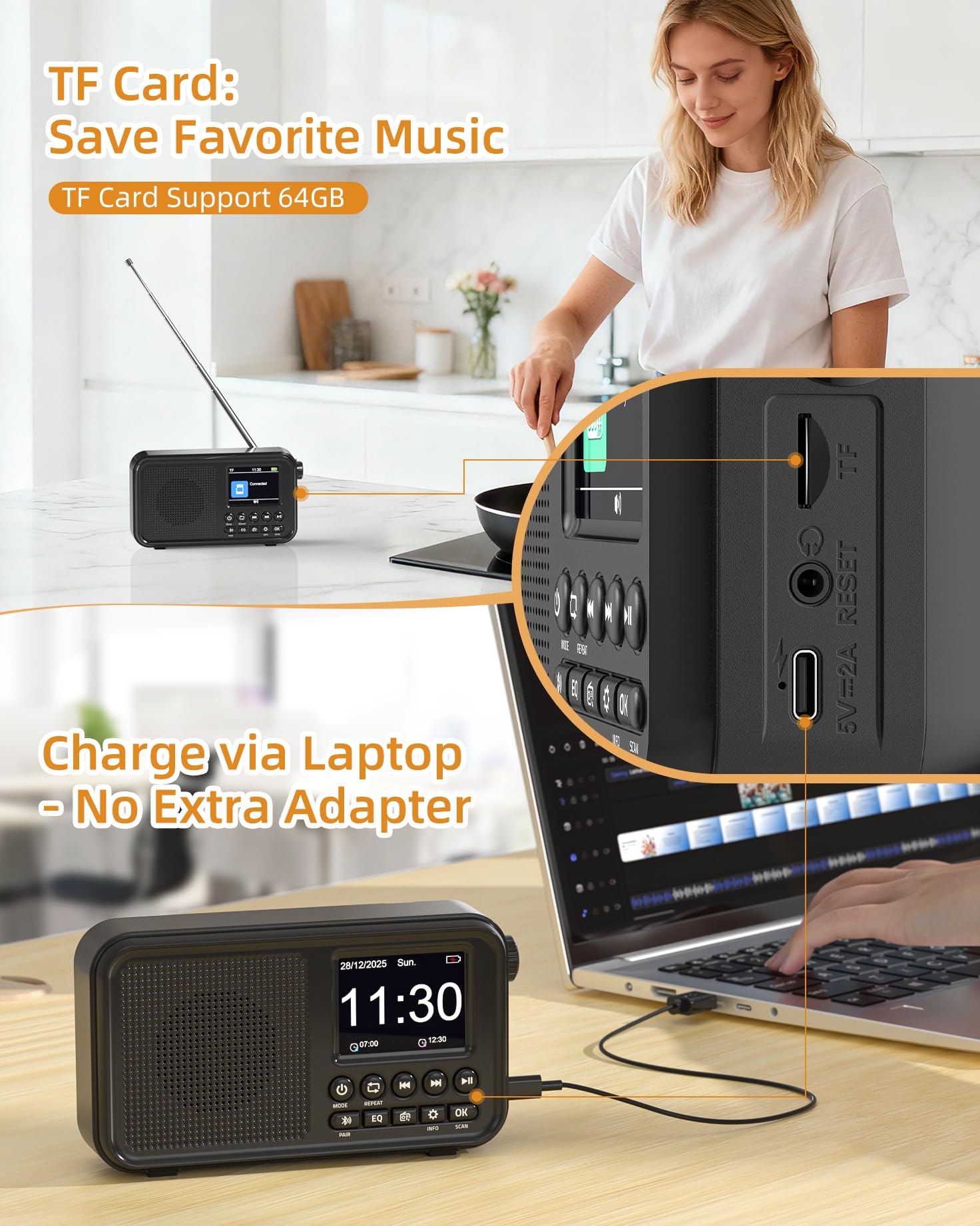 Tragbares DAB+ Radio mit Bluetooth, UKW/DAB Digitalradio mit 2,4" Farbdisplay, 80 Senderspeicher, 3000mah Akku oder Netzbetrieb, Support TF-Karte/Wecker/Sleeptimer/Klinken, Für Küche, Camping, Garten 5