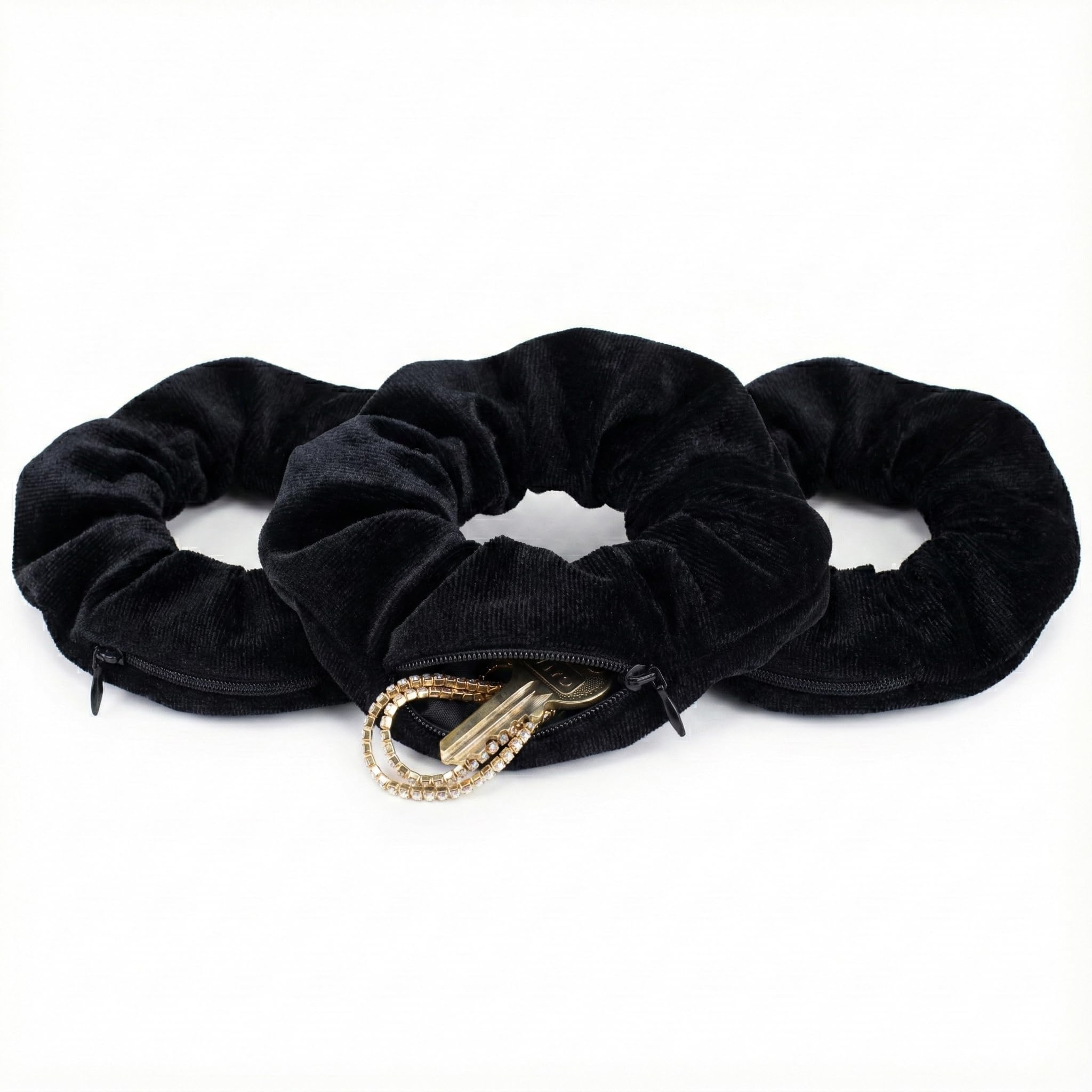 Evergreen Labs Hair Tie Scrunchies, 3pcs Velvet, Hidden Compartment for Women, Black