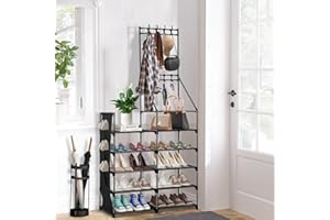 POZEAN Shoe Rack, 5-Tier Free Standing Metal Shoe Rack Organizer with Coat Rack and Side Bag - Shoe Shelf for Entryway, Closet, and Bedroom Storage Holds 23 Pairs of Shoes, Black