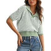 Skoinvb Womens Striped Cropped Sweater Short Puff Sleeve Fall Sweaters V Neck Tops Knit Casual Pullover Shirts Outfits