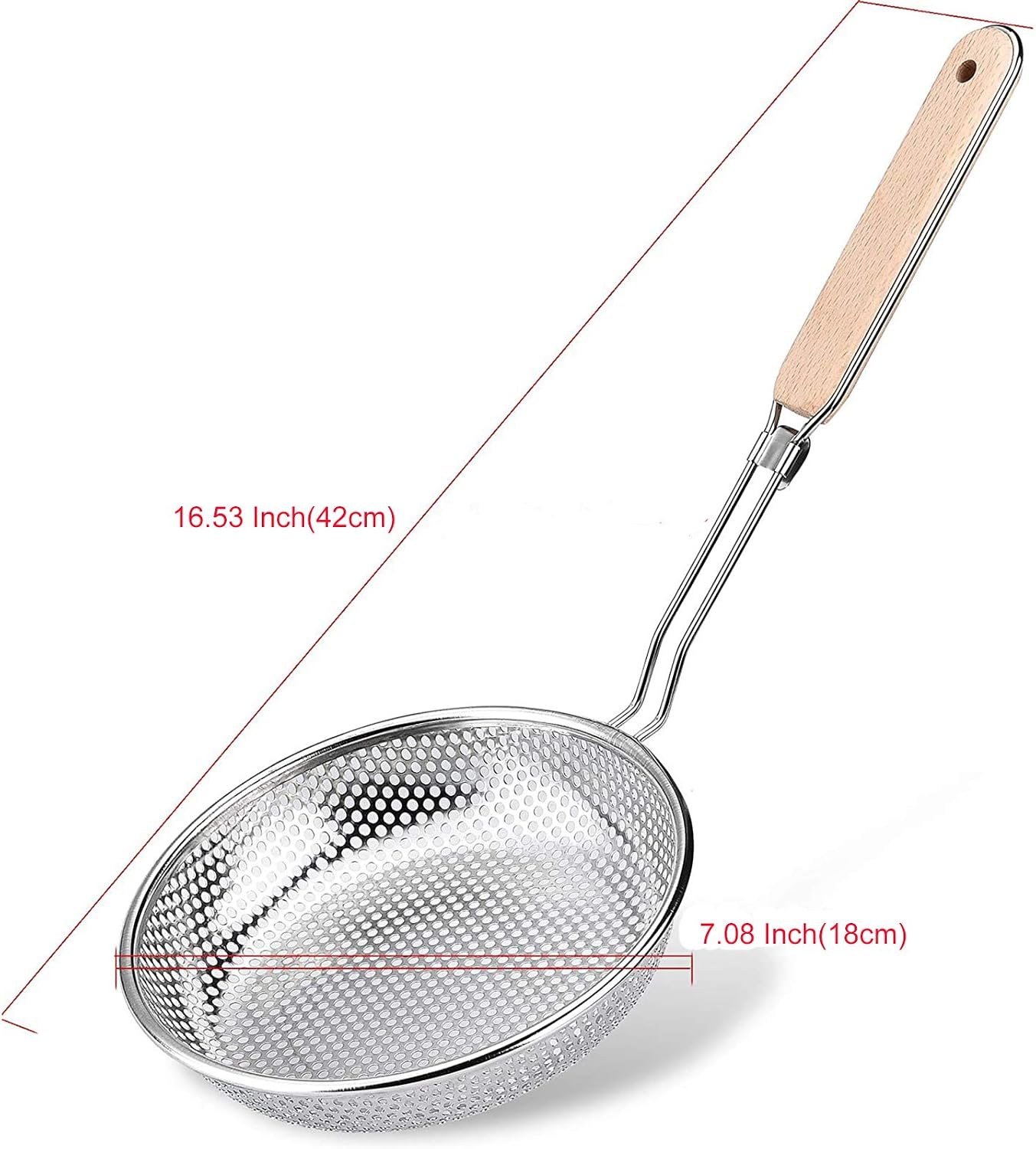 TENTA TENTA KITCHEN Stainless Steel Micro-Perforated Skimmer Strainer,Pasta Noodle Net Basket with Bamboo Handle(25 Ounce) - Image 3