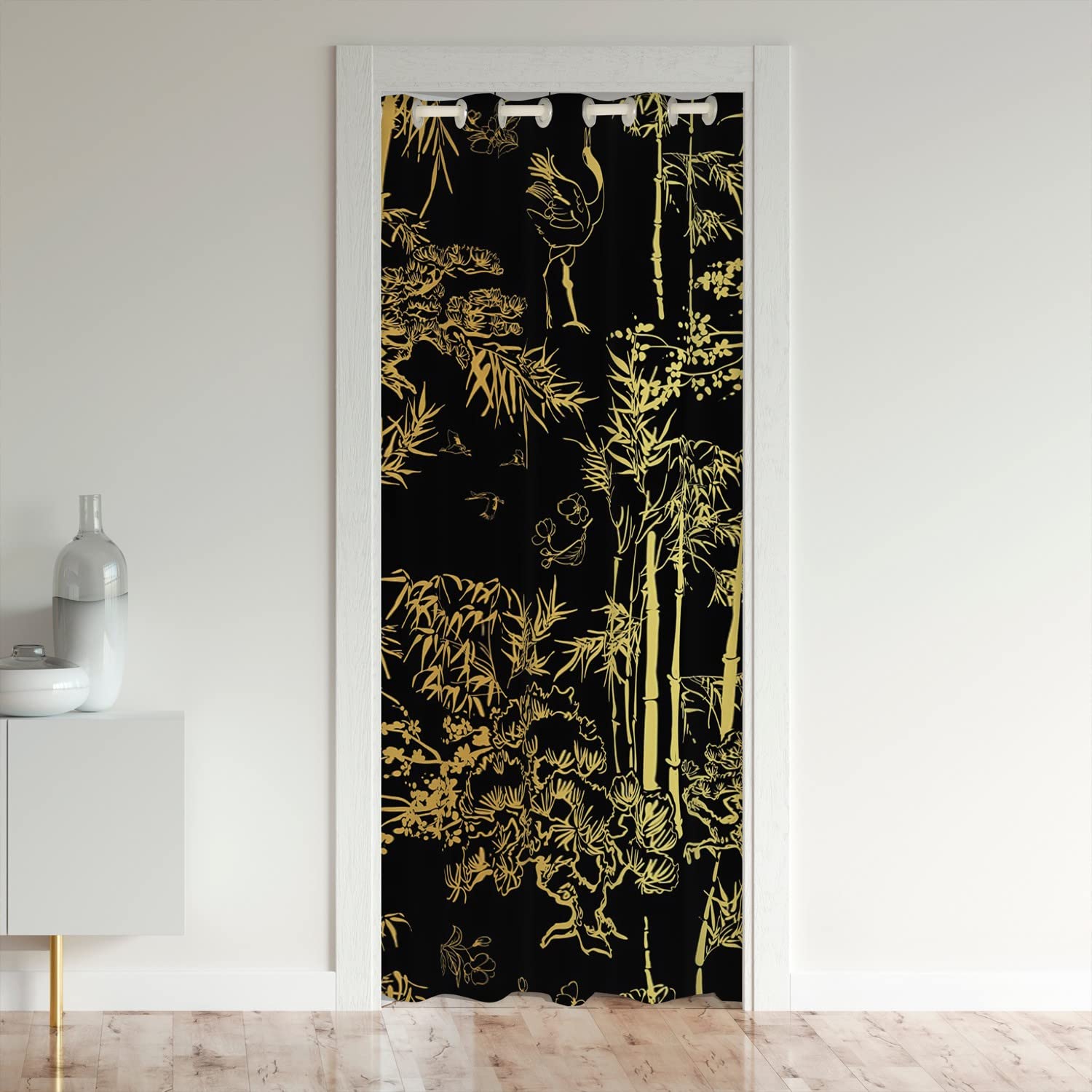 Loussiesd Bamboo Botanical Door Curtain-Privacy Doorway Cover For Kids,Boys,Girls-Luxury Golden Black Insulated Thermal Panel-Room Divider,Closet Cover 86x203cm