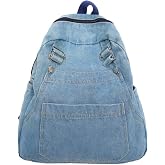 KAOBIO Denim Backpack for Women Men Casual Y2k Grunge Aesthetic Canvas Daypack Lightweight Rucksack Durable Jeans Bag (Light Blue)