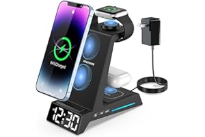 ANJANK Wireless Charging Station - 4 in 1 Wireless Charger with Alarm Clock, Charging Stand Dock for iPhone 16 15 14 13 12 11 X 8, for AirPods 3 Pro, Apple Watch 9/8/7/6/5/SE/4/3/2