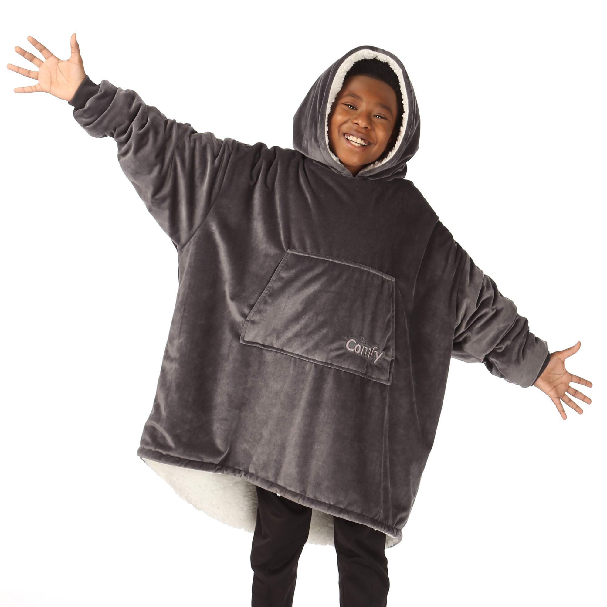 THE COMFYOriginal Jr - Wearable Blanket with Sleeves and Pocket for Kids Lounging, Traveling, Playing - Cozy Soft Microfiber and Fluffy Sherpa Blanket with Sleeves For Children (Charcoal)