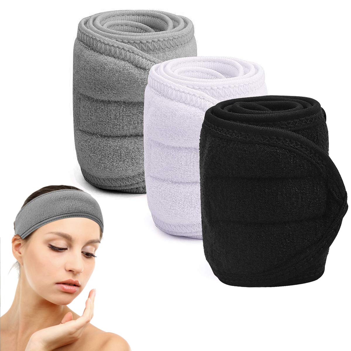 NATUCE 3PCS Spa Facial Headband Make up Hair Band, Adjustable Terry Cloth Headband With Magic Tape, Makeup Headband Make Up Wrap Head Stretch Towel for Face Washing, Facial Mask Sport Yoga Shower