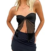 CSDAJIO Women's Sheer Mesh Twist Split Front Asymmetrical Tube Top Strapless Bandeau Crop Top Backless Shirt