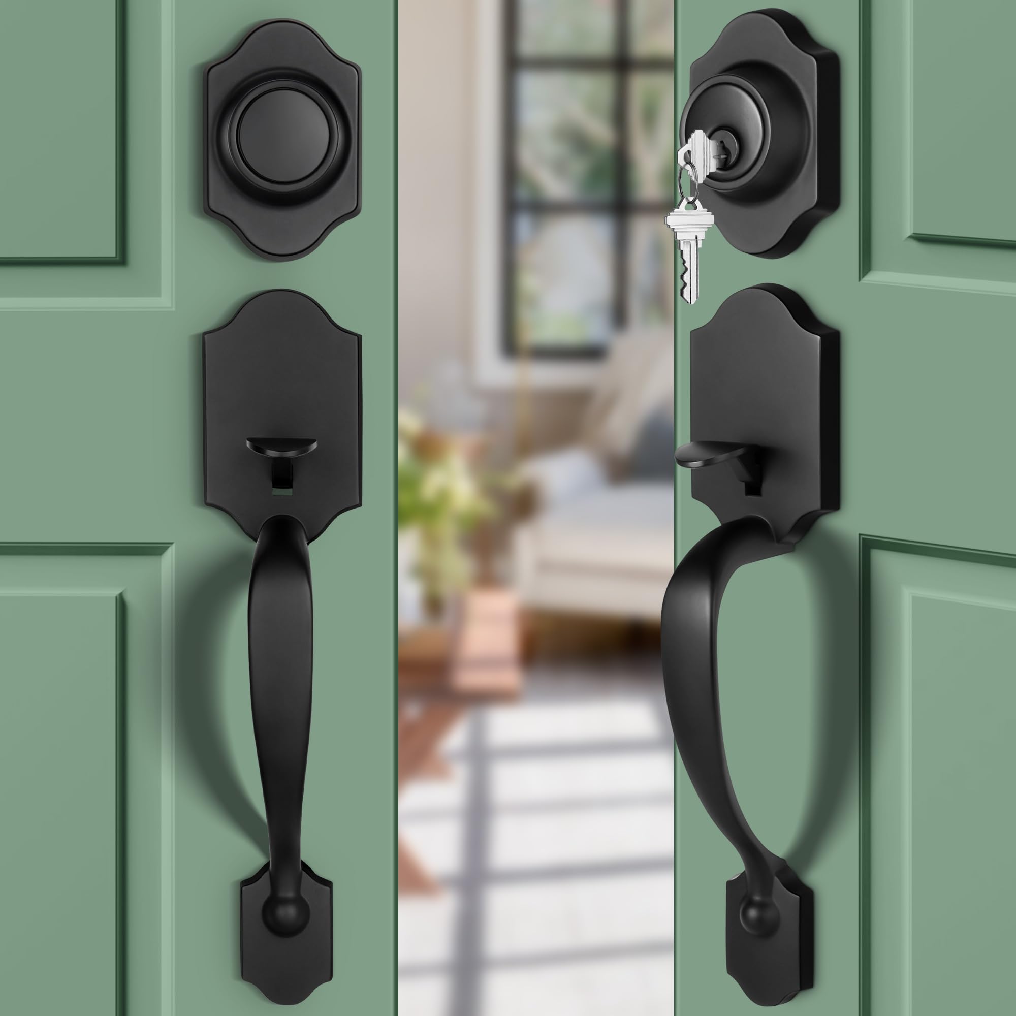 Photo 1 of Moquin Double Door Handle Set for Front Door, Classic Double Front Door Lock Set with Dummy, Reversible Handle Lever for Entrance Exterior Doors, Matte Black
