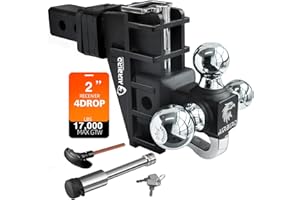 Airbird Adjustable Trailer Hitch Fits 2-Inch Receiver, Heavy Duty Tow Hitches (17000 LBS GTW) 4 Inch Drop Truck Hitch Tri-Ball Mount with Hook (1-7/8" x 2" x 2-5/16")…