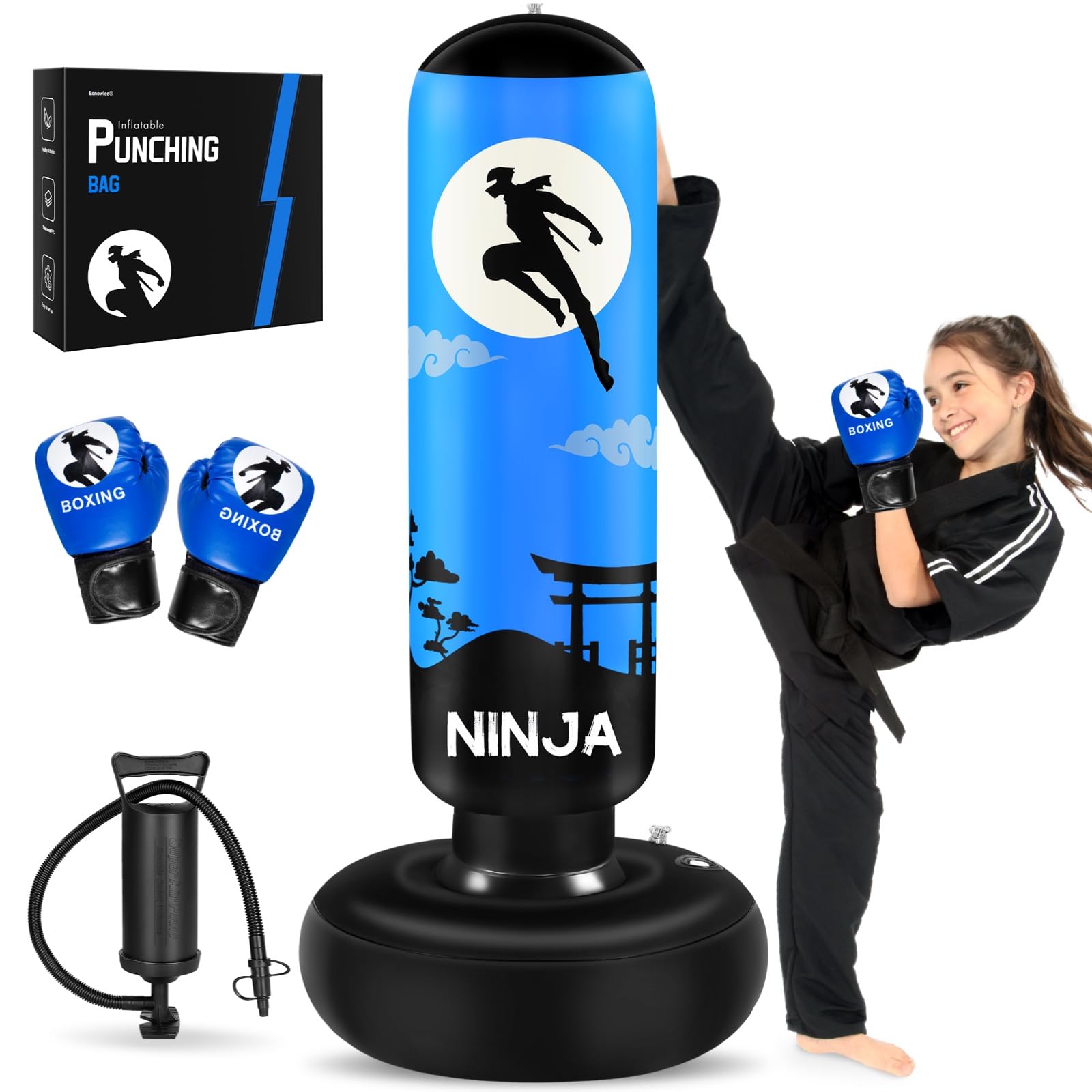 Punching Bag for Kids, Kids Boxing Set with Boxing Gloves 66" Large Inflatable Punching Bag,Gifts for Boys & Girls Age 5-12 for Practicing Karate, Taekwondo (Blue)