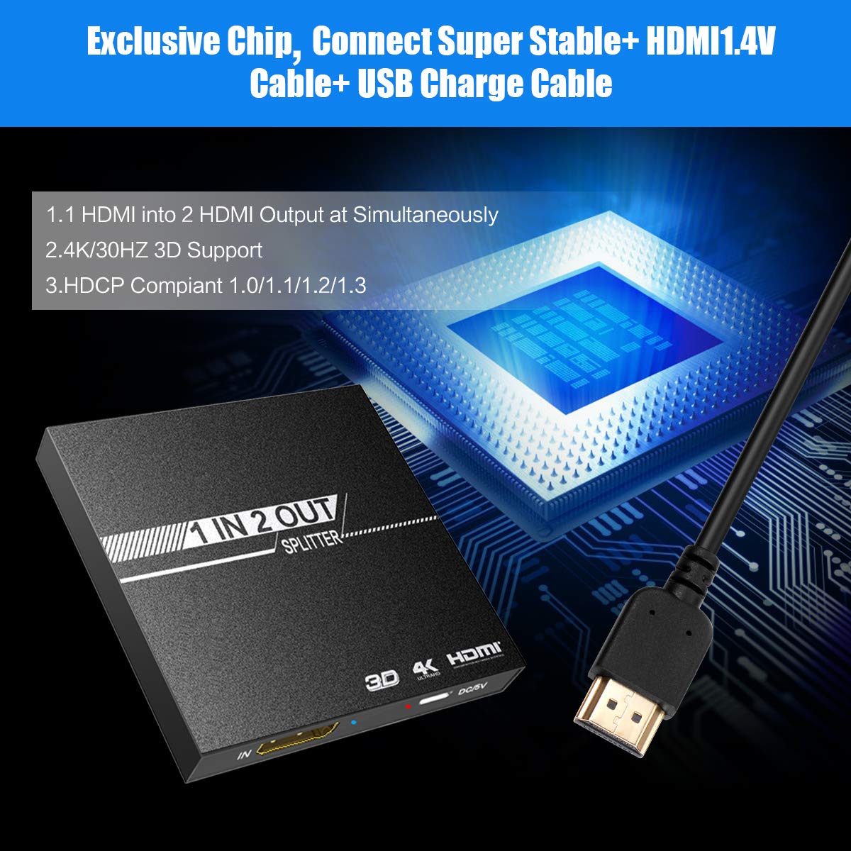 HDMI Splitter 1 in 2 Out, 1X2 HDMI Splitter for TV Support Output Display 2 Monitor in Simultaneously + 1.4v HDMI Cable